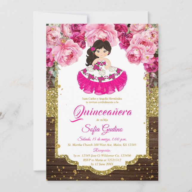 Pink Fuschia Cute Girl Quinceañera Rustic Wood Invitation (Front)