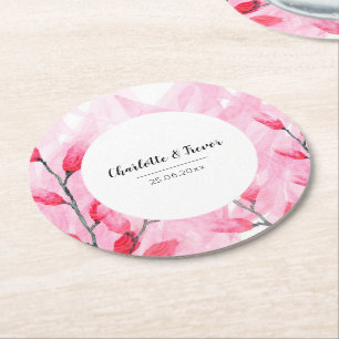 Pink Fusion Watercolor Monogrammed Round Paper Coaster