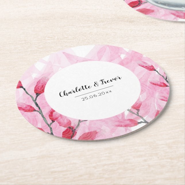 Pink Fusion Watercolor Monogrammed Round Paper Coaster (Angled)