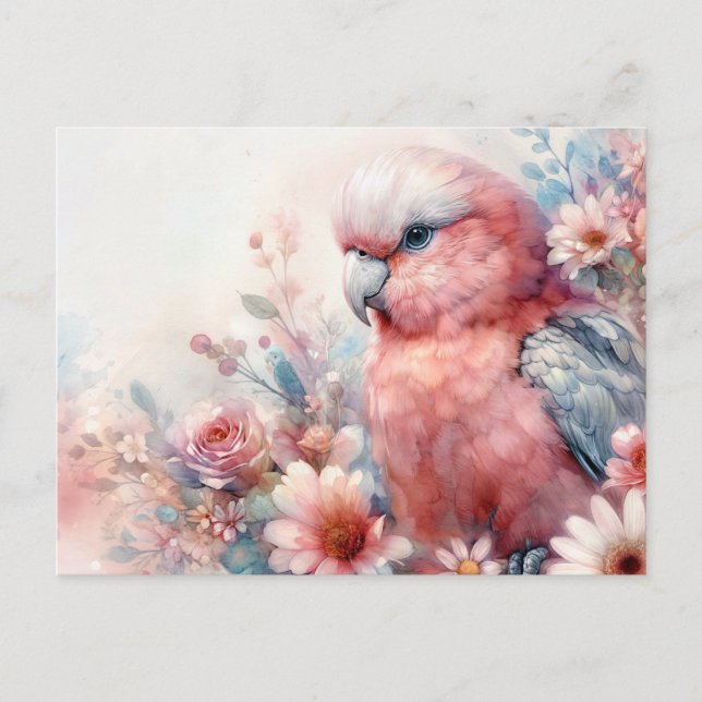 Pink Galah Cockatoo Floral Watercolor Postcard (Front)