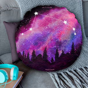 Pink Galaxy Aries Zodiac Constellation Birthday Round Cushion