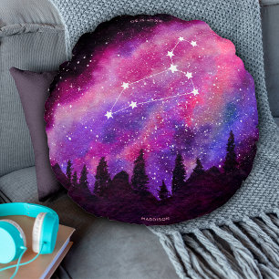 Pink Galaxy Leo Zodiac Constellation Birthday Round Cushion