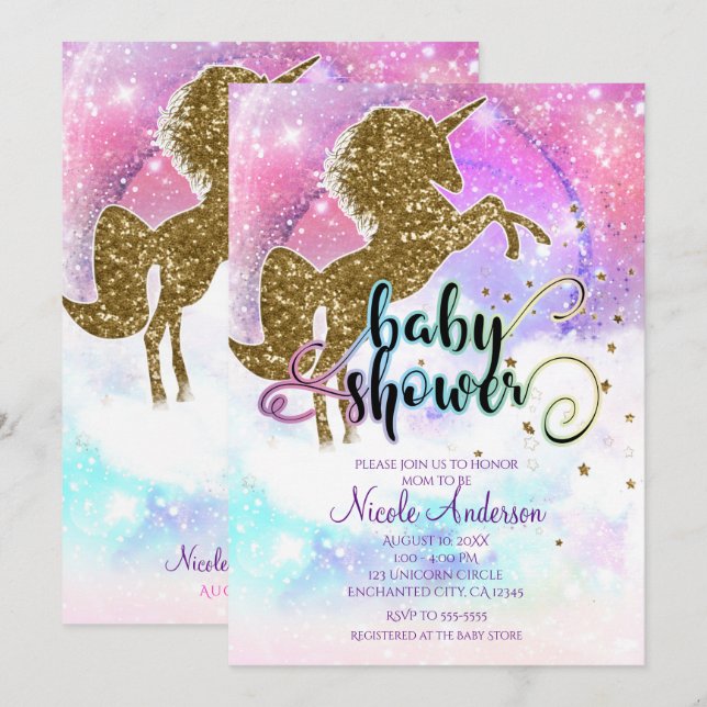 Pink Galaxy Magical Unicorn Sparkle Baby Shower Invitation (Front/Back)