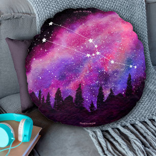 Pink Galaxy Taurus Zodiac Constellation Birthday Round Cushion