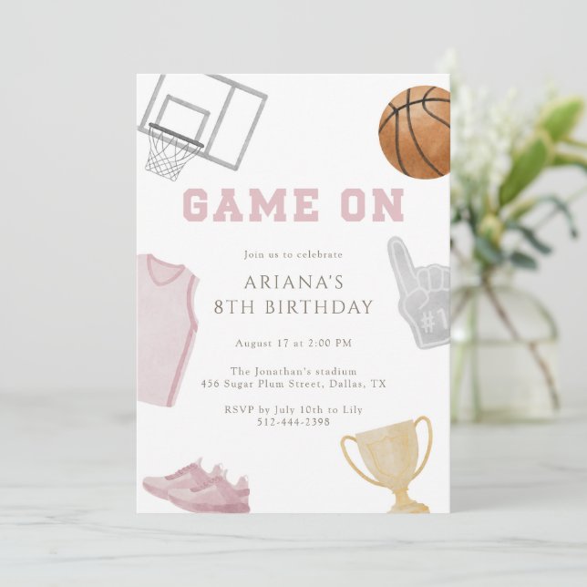 Pink Game On Basketball Birthday Jersey Watercolor Invitation (Standing Front)