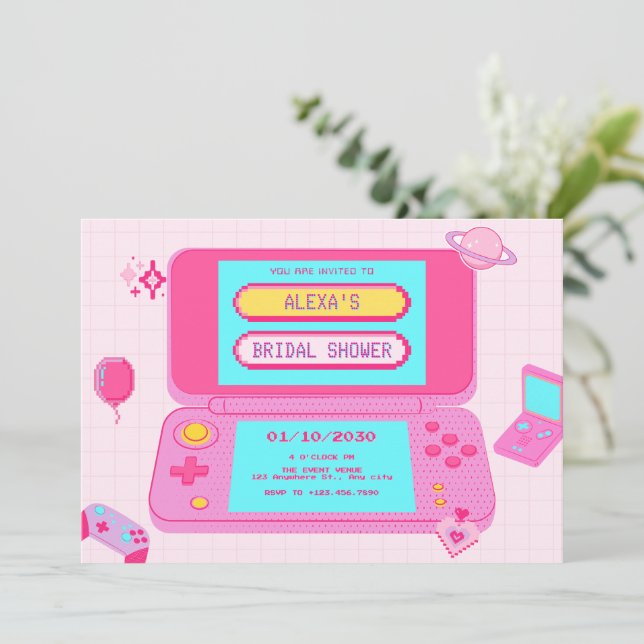 Pink game retro bridal shower invitation (Standing Front)