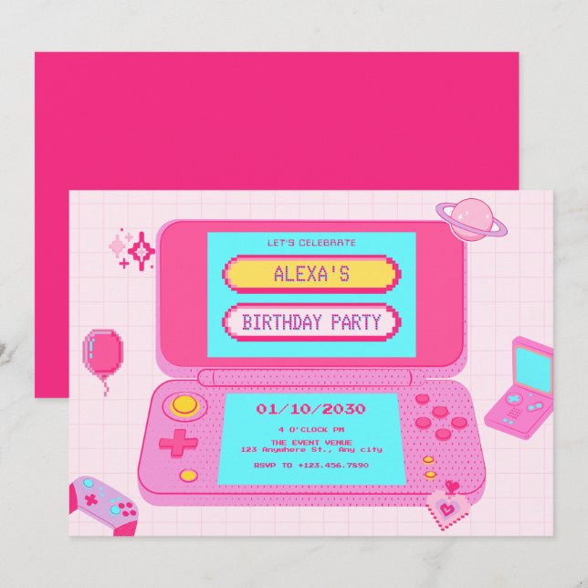 Pink game retro  invitation (Front/Back)
