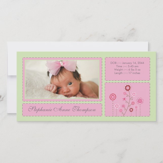 Pink Garden Baby Girl Birth Announcement PhotoCard (Front)
