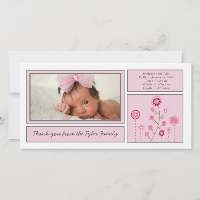 Pink Garden Baby Girl Thank You Photo Card (Front)