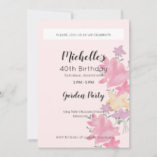 Pink Garden Birthday Party Watercolor Floral Invitation