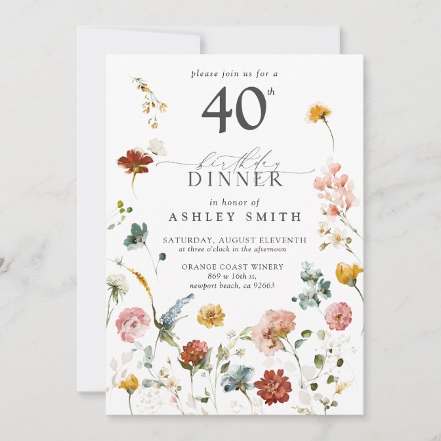 Pink Garden Floral Calligraphy 40th Birthday Invitation (Front)