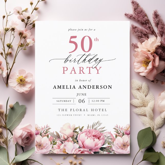 Pink Garden Floral Calligraphy 50th Birthday Invitation (Creator Uploaded)