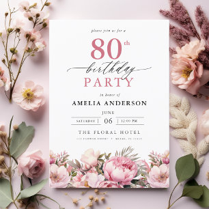 Pink Garden Floral Calligraphy 80th Birthday Invitation