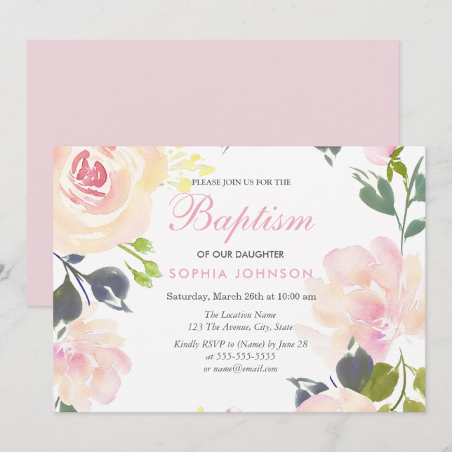 Pink Garden Floral Girls Baptism Christening Invitation (Front/Back)