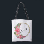 Pink Garden Floral Wreath Monogram Tote Bag<br><div class="desc">Gift this beautiful personalised tote bag featuring gold rings and garden flowers in shades of pink and personalised with a monogram in chic lettering. MATCHING ITEMS in our store.</div>