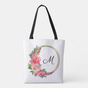 Pink Garden Floral Wreath Monogram Tote Bag