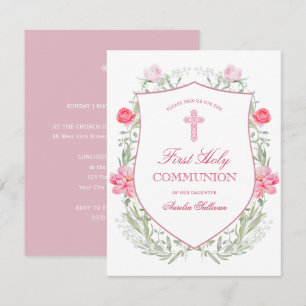 Pink Garden Flowers Crest First Communion Invitation