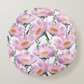 Pink Garden Flowers: Hand-Drawn Seamless. Round Cushion