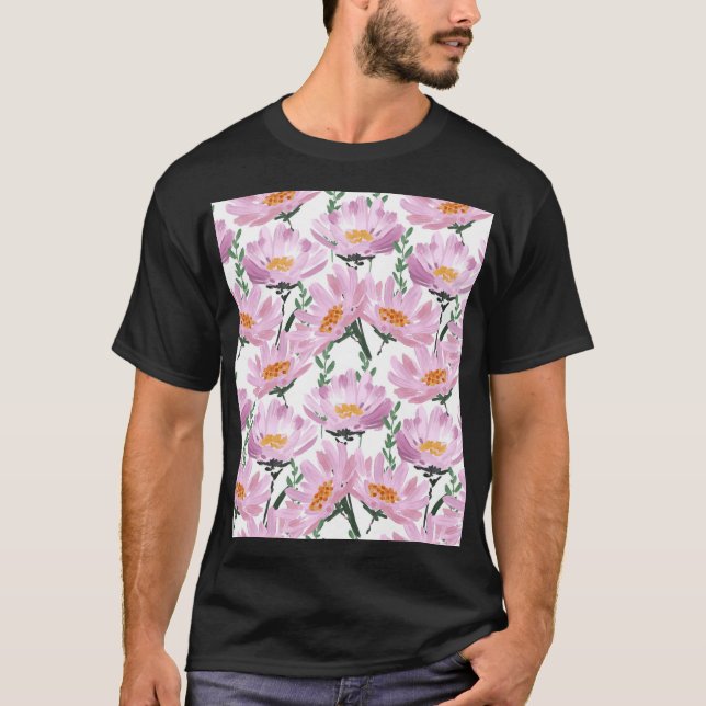 Pink Garden Flowers: Hand-Drawn Seamless. T-Shirt (Front)