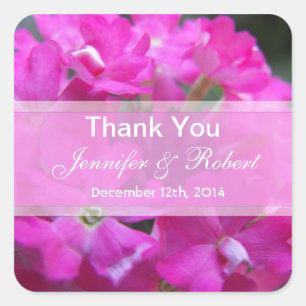 Pink garden flowers wedding favour thank you square sticker