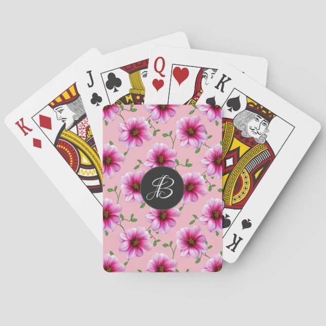 Pink Garden Flowers with Custom Monogram Playing Cards (Back)