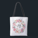 Pink Garden Flowers Wreath Monogram Tote Bag<br><div class="desc">Gift this beautiful personalised tote bag featuring beautiful garden flowers wreath in shades of pink and personalised with a monogram in chic lettering. MATCHING ITEMS in our store.</div>