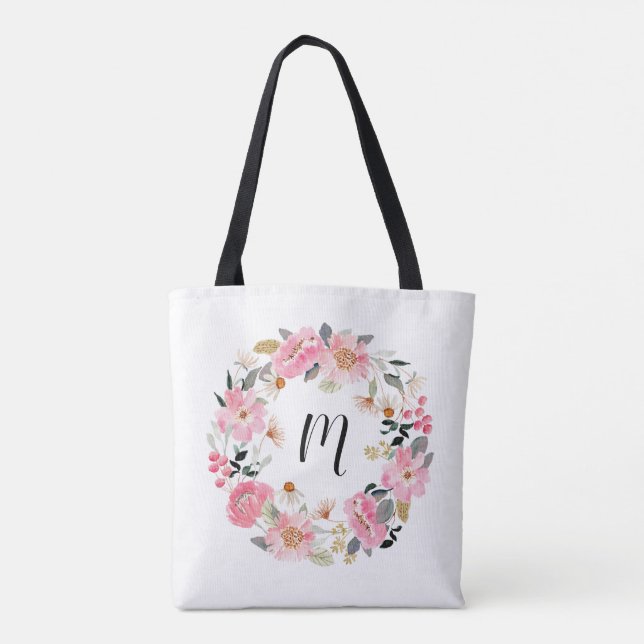 Pink Garden Flowers Wreath Monogram Tote Bag (Back)