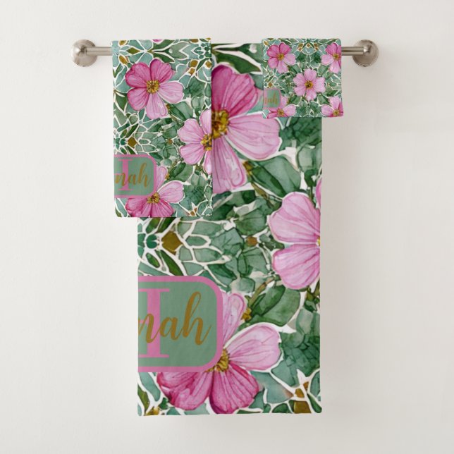 Pink Garden Mosaic Bath Towel Set (Insitu)