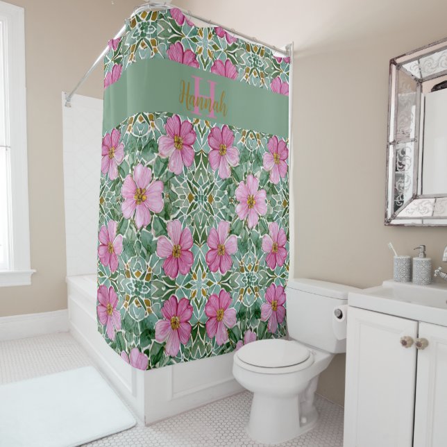 Pink Garden Mosaic Shower Curtain (In Situ)
