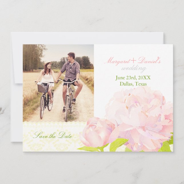Pink Garden Peony Wedding Photo Save the Date (Front)