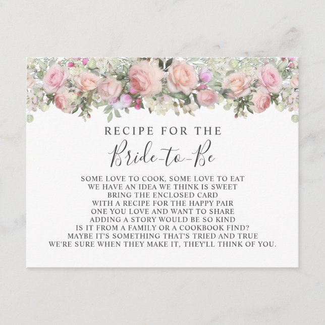 Pink Garden Rose Floral Bridal Shower Recipe Card (Front)