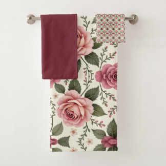 Pink Garden Rose Pattern Bath Towel Set