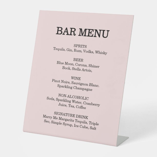 Pink Garden Rose Wedding Cocktail Menu  Pedestal Sign (Front)