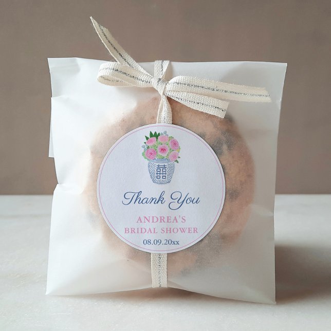 Pink Garden Roses Ginger Jar Bridal Shower Favour Classic Round Sticker (Preppy Navy Blue And White Ginger Jar With Pink English Roses Bridal Shower Thank You Favor Sticker)