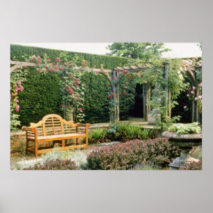 Pink Garden Seat In Rose Pergola, With Berberis An Poster