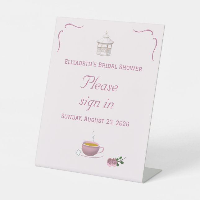Pink Garden Tea-Party Bridal Shower Pedestal Sign (Front)