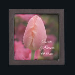 Pink Garden Tulip Spring Wedding Jewellery Box<br><div class="desc">Customise the pretty Pink Garden Tulip Wedding Gift Box with the personal names of the bride and groom and specific March, April or May spring time marriage ceremony date to create a keepsake gift for the bride or her bridesmaids and bridal party. This elegant wedding botanical trinket box features a...</div>