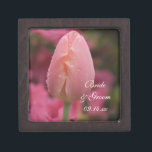 Pink Garden Tulip Spring Wedding Jewellery Box<br><div class="desc">Customise the pretty Pink Garden Tulip Wedding Gift Box with the personal names of the bride and groom and specific March, April or May spring time marriage ceremony date to create a keepsake gift for the bride or her bridesmaids and bridal party. This elegant wedding botanical trinket box features a...</div>