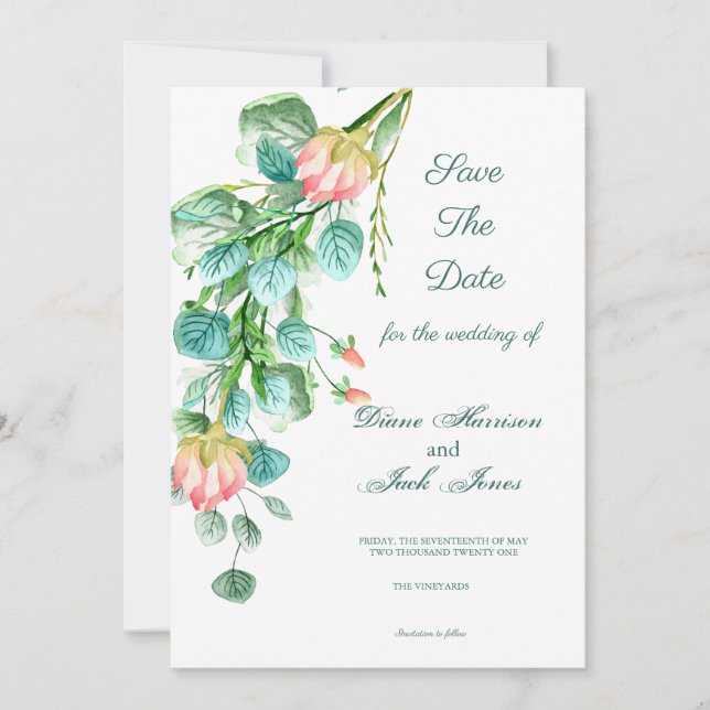 Pink Garden Watercolor Bouquet Save The Date Invitation (Front)