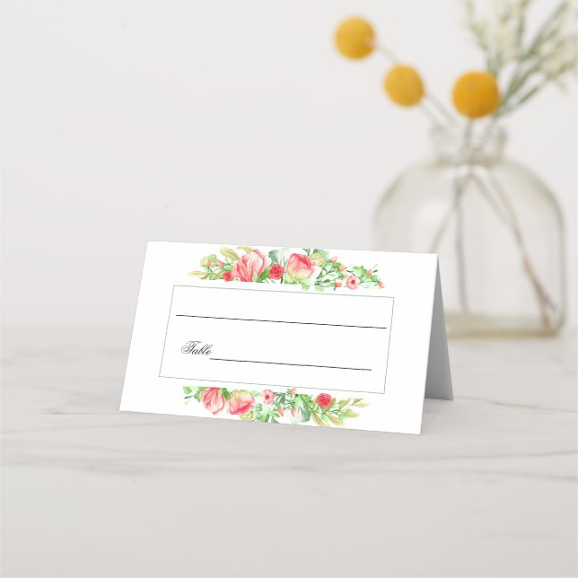 Pink Garden Watercolor Rose Bouquet Place Card (Front)