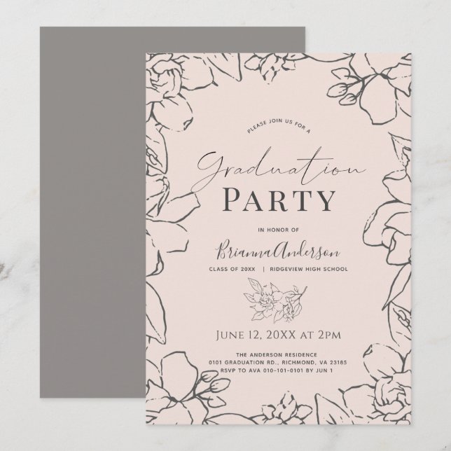 Pink Gardenia Floral Graduation Invitation (Front/Back)