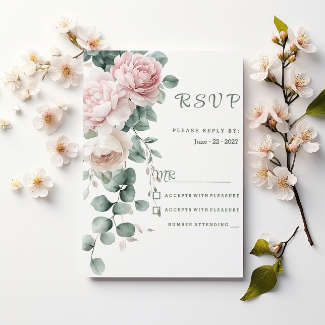 Pink garland peonies eucalyptus leaf RSVP Invitation (Pink garland peonies eucalyptus leaf RSVP)