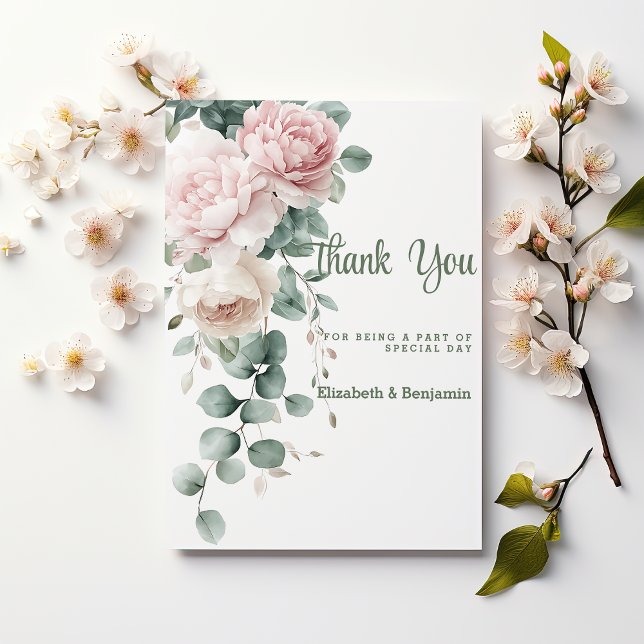 Pink garland peonies eucalyptus leaf Thank You Invitation (Pink garland peonies eucalyptus leaf Thank You )