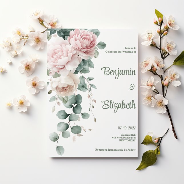 Pink garland peonies eucalyptus leaf Wedding Invitation (Pink garland peonies eucalyptus leaf Wedding )