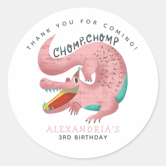 Pink Gator Theme Birthday Party Thank You Favour Classic Round Sticker (Front)