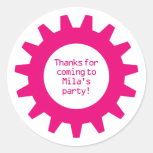 Pink Gear Birthday Party Thank You Stickers