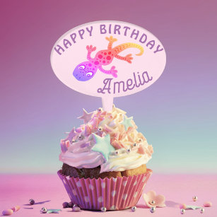 Pink Gecko Lizard Custom Name Girl Birthday  Cake Pick