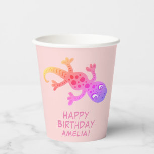 Pink Gecko Lizard Drawing Kids Birthday Paper Cups