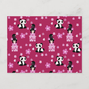 Pink Geisha Panda Flower Pattern Postcard
