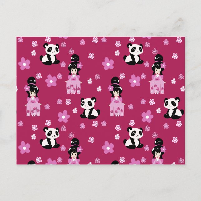 Pink Geisha Panda Flower Pattern Postcard (Front)